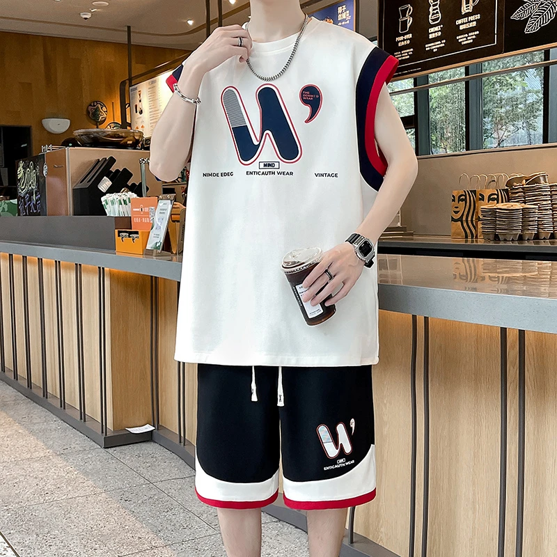 夏季新款男士无袖运动休闲套装港风时尚潮流宽松帅气青少年两件套