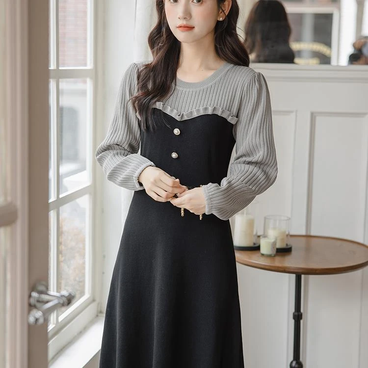 【编码848】2023秋冬-连衣裙新款女装气质假两件黑色针织裙子