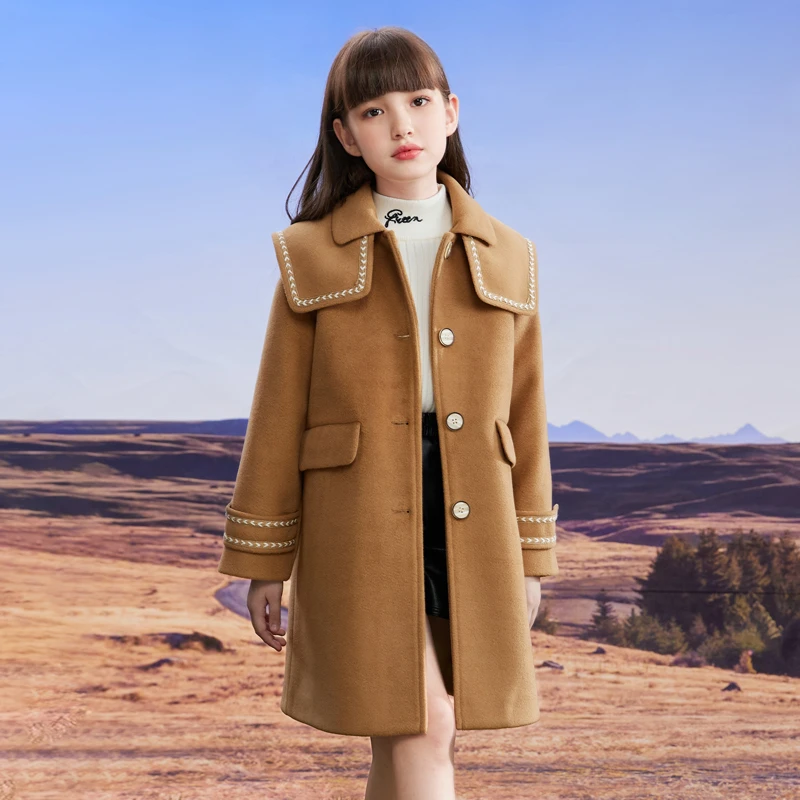 0341女童呢子大衣秋冬新款加厚大童中长款毛呢外套童装呢大衣冬装