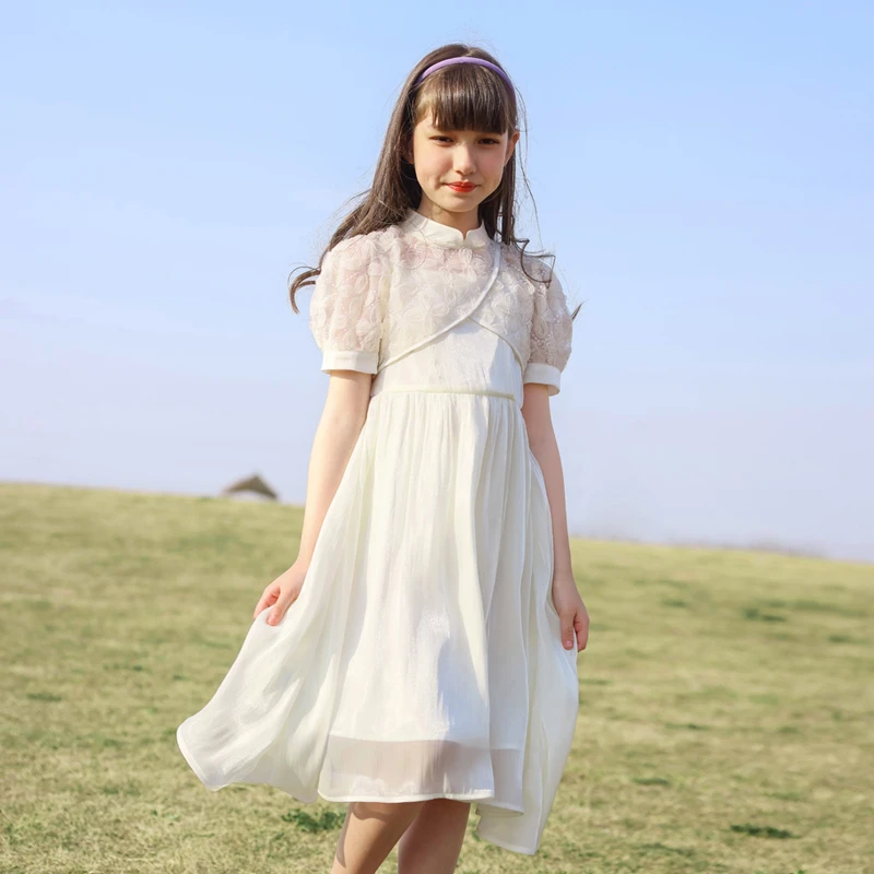 0631女童连衣裙夏装儿童套装裙新中式公主裙夏季新款米色裙子童装