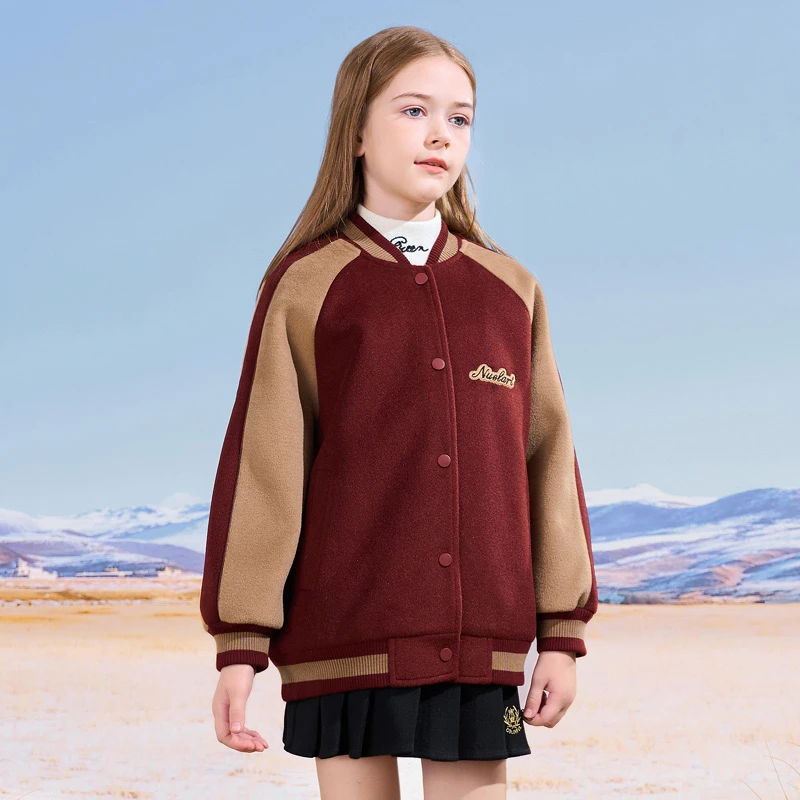 0933女童美式复古棒球服冬装新款女大童撞色夹棉加厚保暖毛呢外套