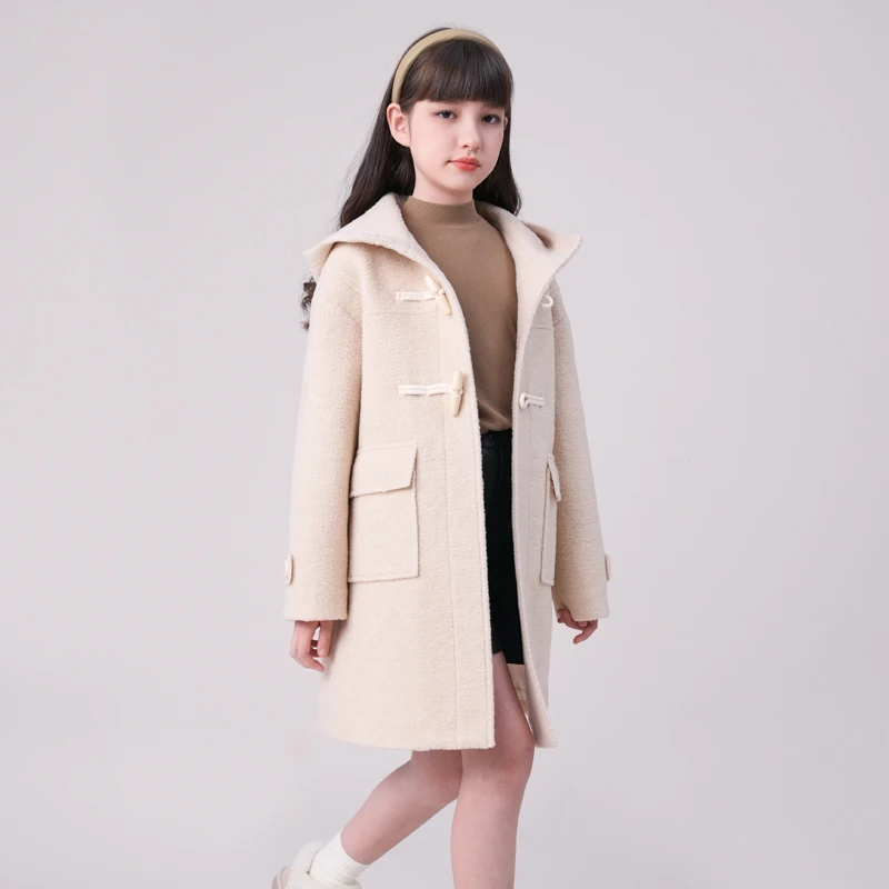 0922女童连帽大衣外套轻奢儿童呢子大衣中大童秋冬时尚中长款外套