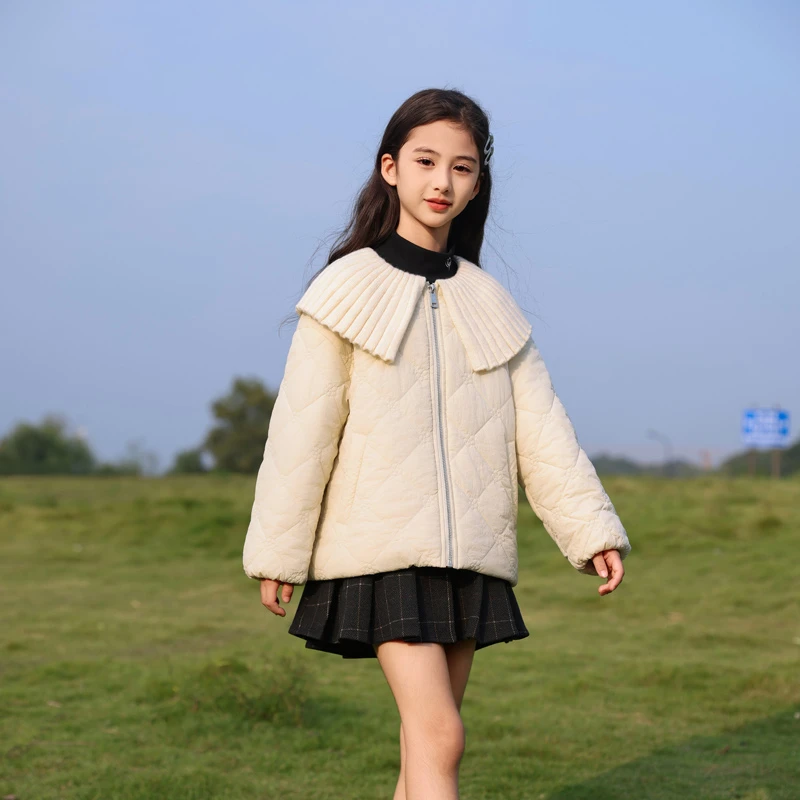 1555女童小香风棉服夹棉加厚2024新款娃娃领大女孩中大童棉袄外套