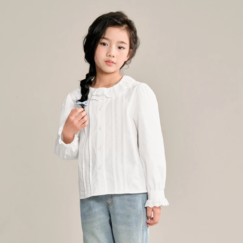 1098女童衬衫儿童长袖春秋上衣中大童100%纯棉白色洋气娃娃领衬衫
