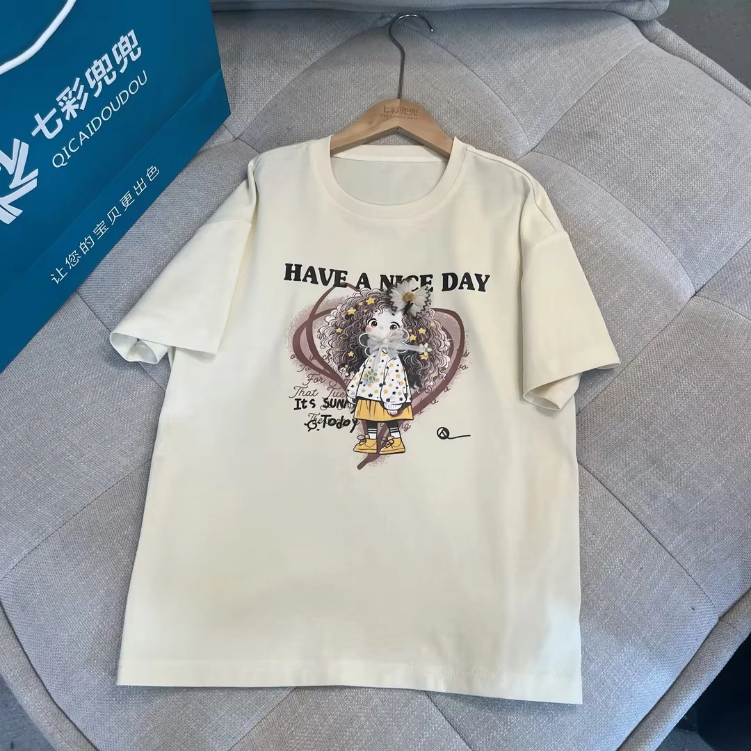 1185女童t恤新款印花短袖休闲儿童白t恤圆领夏季大童上衣女孩童装