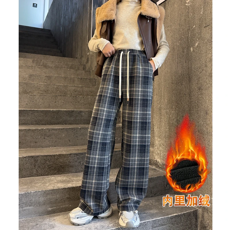 1692女童加绒裤蓝色格子裤儿童秋冬款新款爆款洋气时髦加厚休闲裤