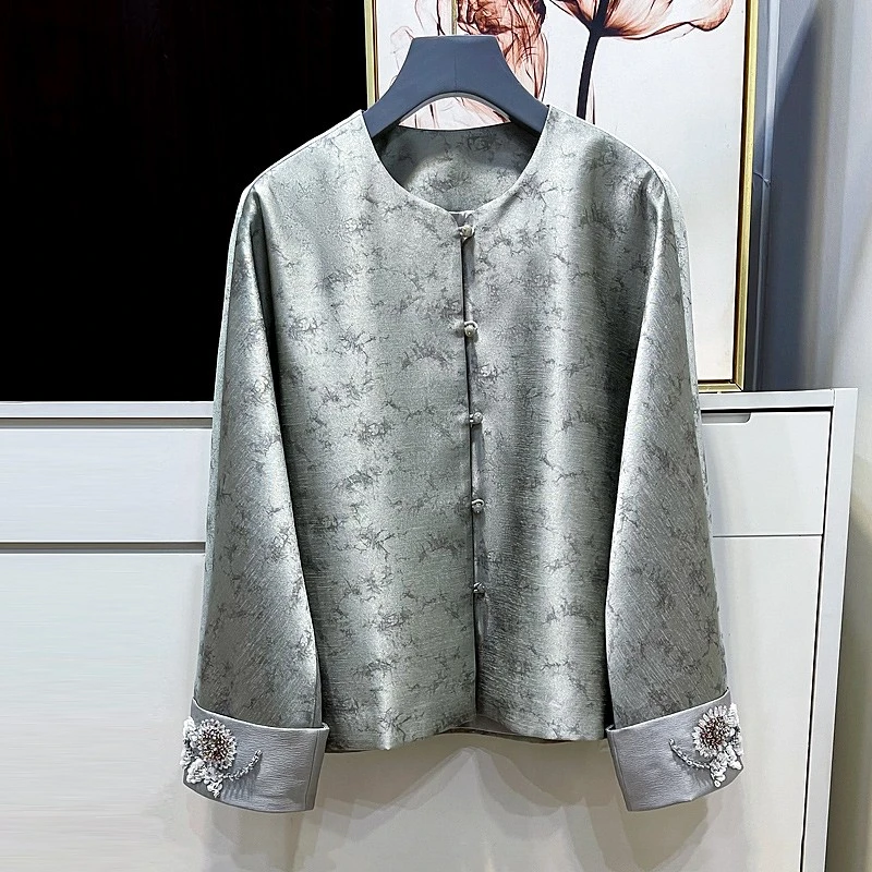 新中式国风真丝短外套女2025年春秋新款印花钉珠宽松羊毛开衫上衣