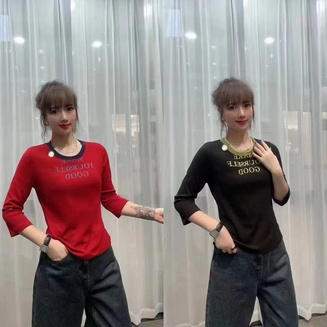 8519秋季新款七分袖修身短袖T恤圆领印花显瘦上衣