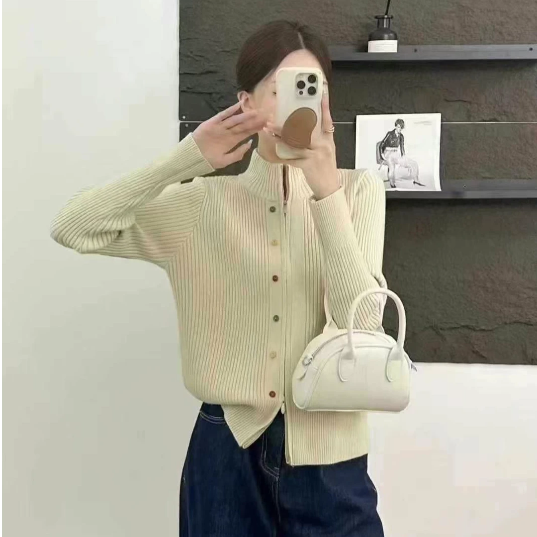 337彩虹扣拉链开衫毛衣立领时尚设计开衫针织衫