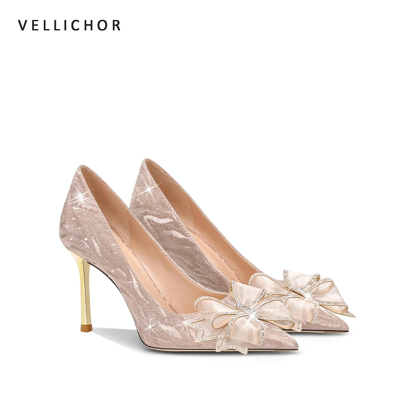 VELLICHOR香槟色水钻蝴蝶结高跟鞋女尖头细跟气质轻奢婚鞋水晶鞋
