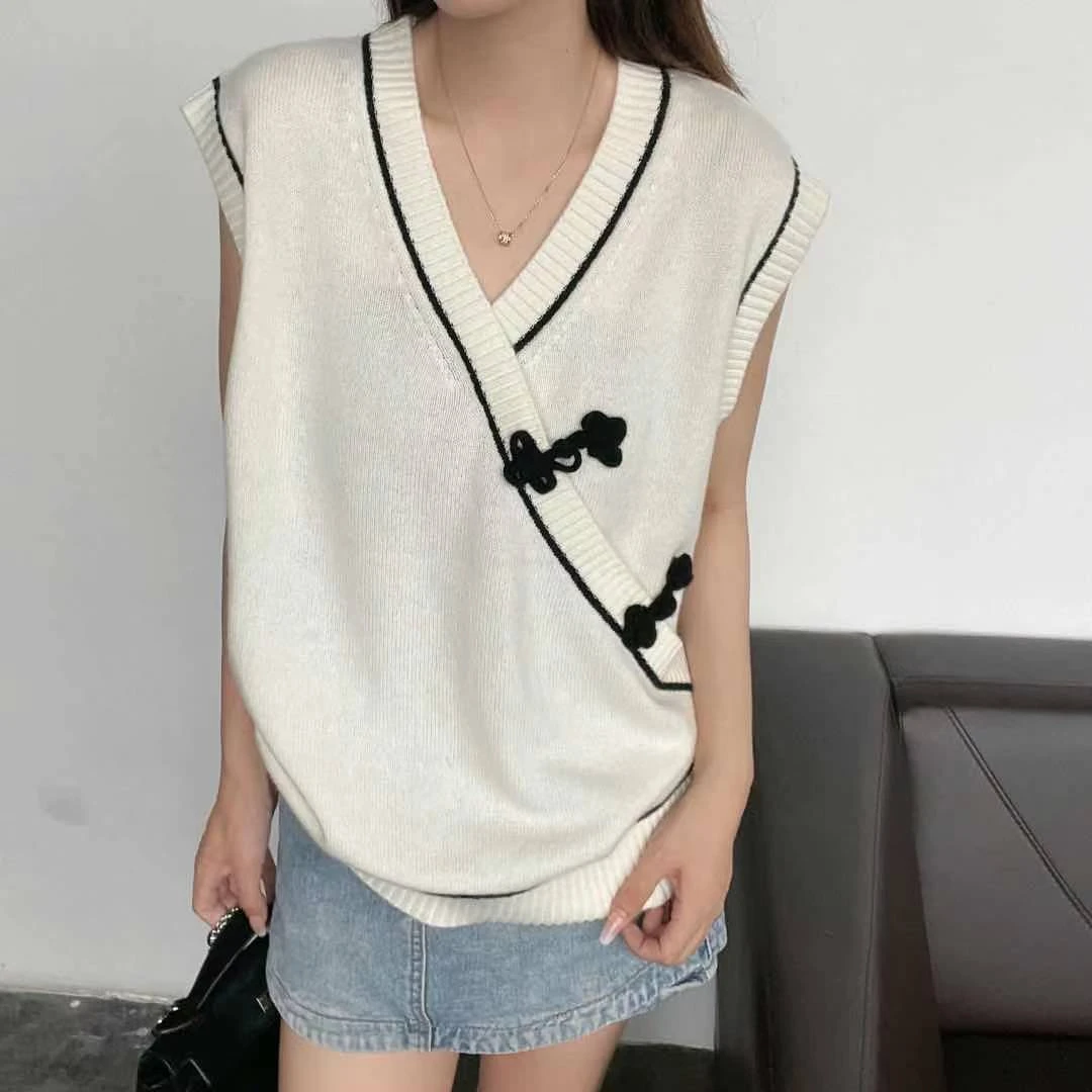 【杰娜洋秋冬新款】220487-V领盘扣气质百搭纯羊绒马甲上衣