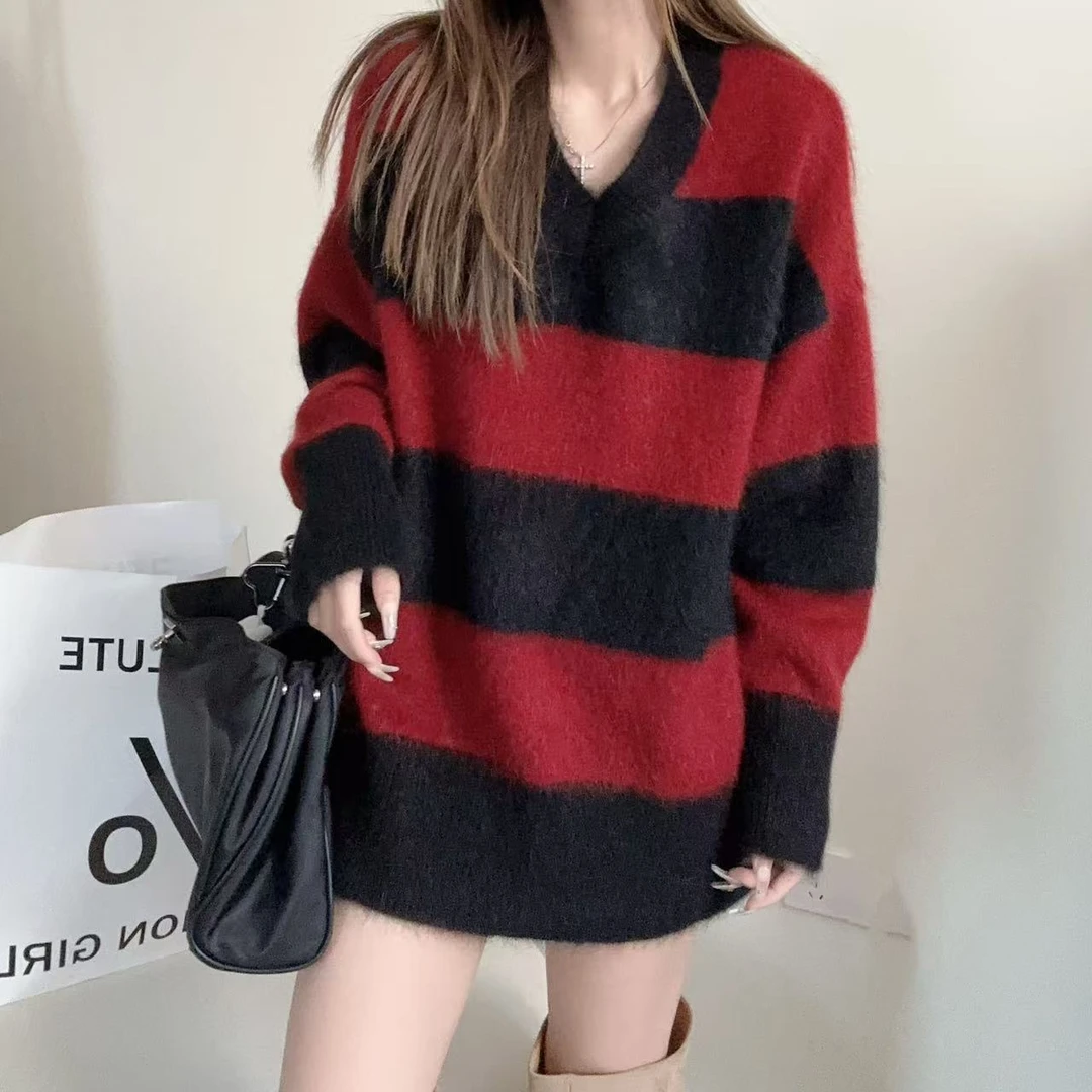 【百分百山羊绒】拉绒工艺241495-100羊绒小众设计款拼色条纹套头衫
