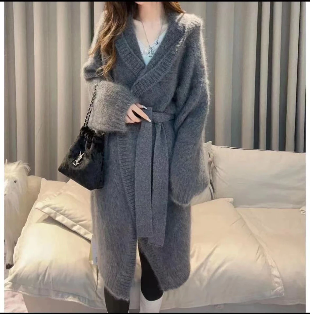 【JIE NA YANG】拉绒工艺231562-高级慵懒风中长款连帽针织羊绒大衣