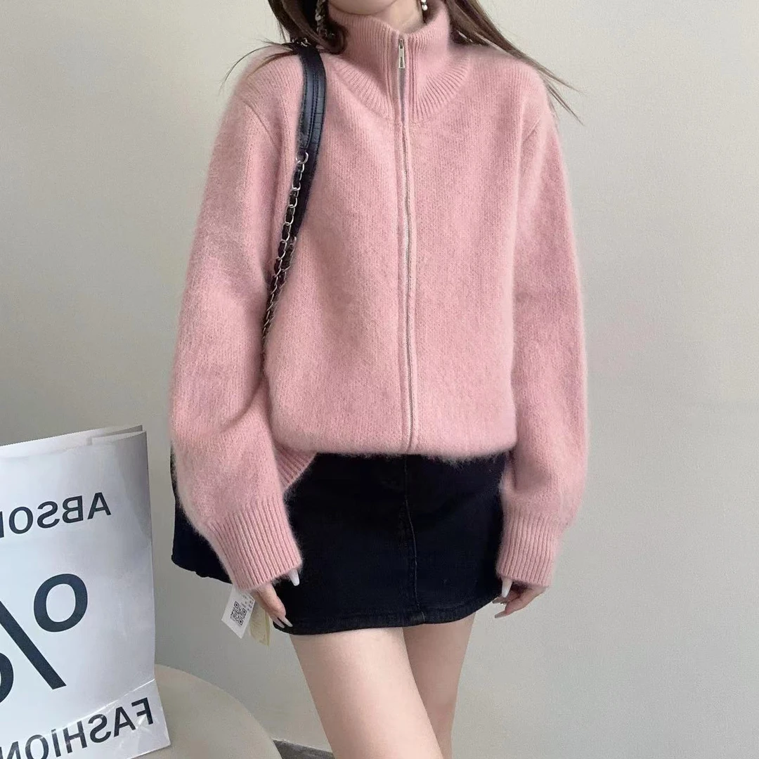 【杰娜洋羊绒】拉绒工艺240393-100羊绒甜美温柔风立领双拉链外套