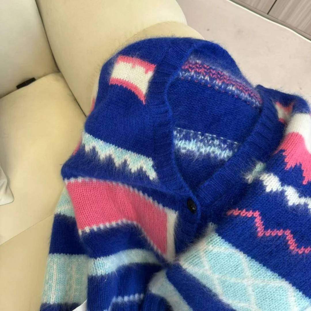 【百分百山羊绒】241823秋冬拉绒厚款羊绒开衫撞色设计复古百搭