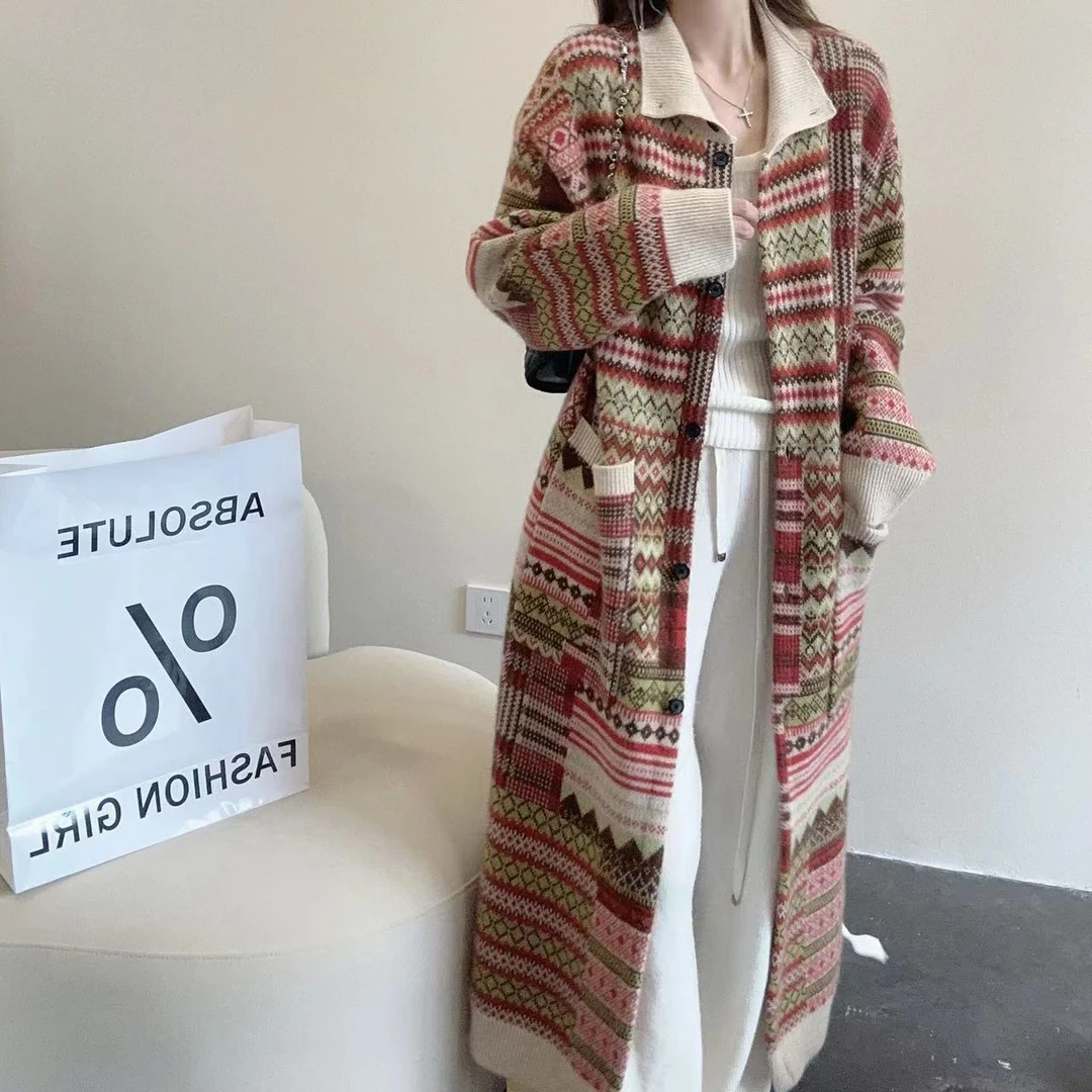 【杰娜洋】轻奢231455-100羊绒慵懒复古风撞色拼接高领针织大衣