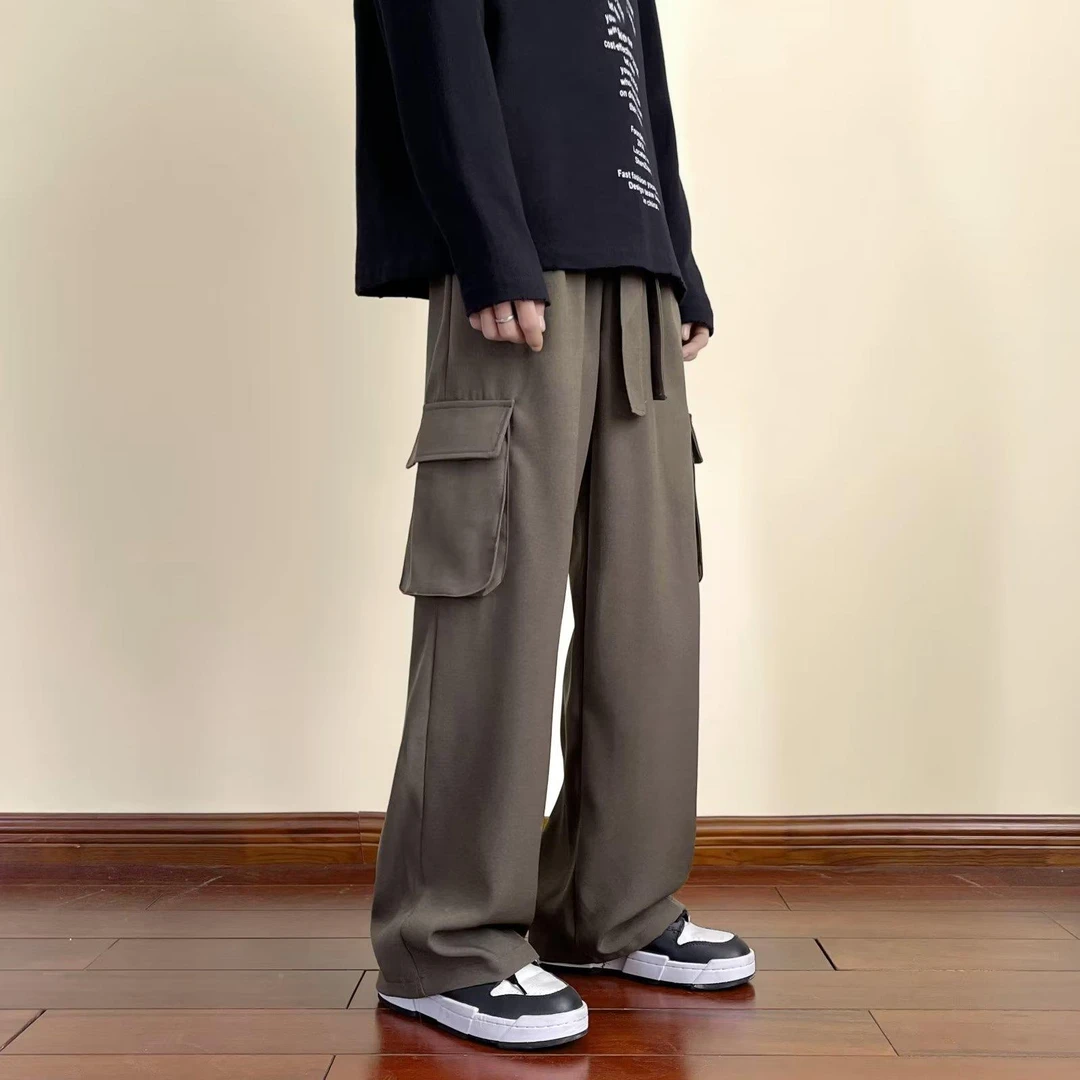 日系咖色西裤男痞帅垂感长裤ins高街直筒阔腿工装裤侧口袋小西裤