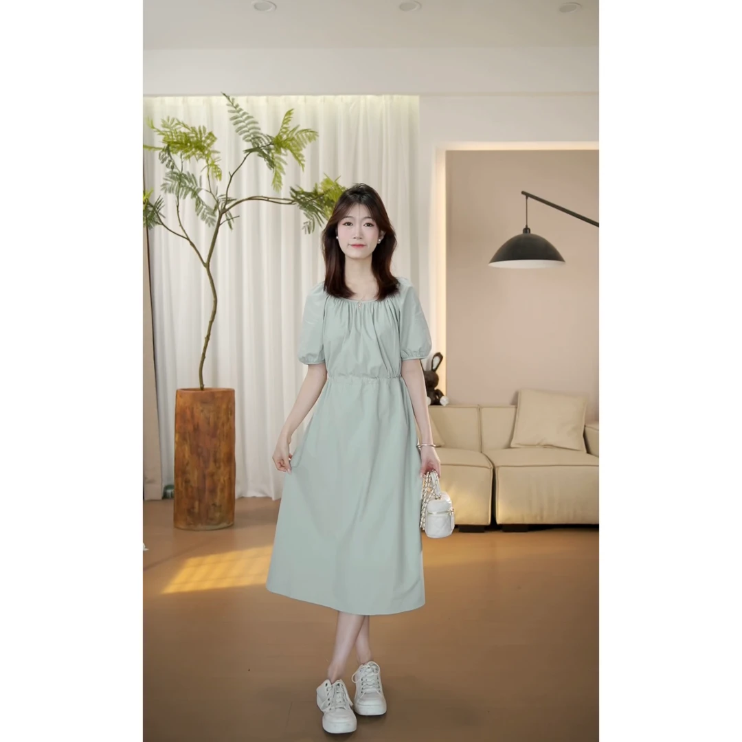 （现货）夏季百搭高腰圆领泡泡袖收腰宽松薄款连衣裙-YJ9633