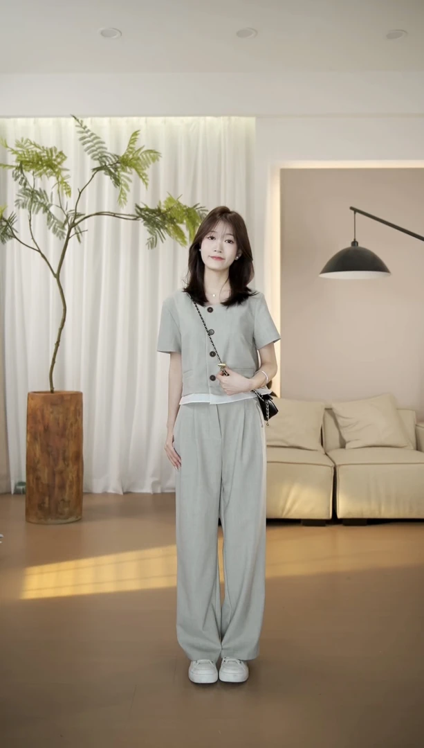 (周周小个子)夏季新款显瘦气质时尚休闲减龄短袖高腰套装-YJ9695