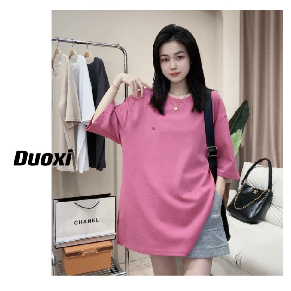 Duoxi➕「胸口小标」夏季新款韩版休闲中长款基础百搭T恤上衣开叉