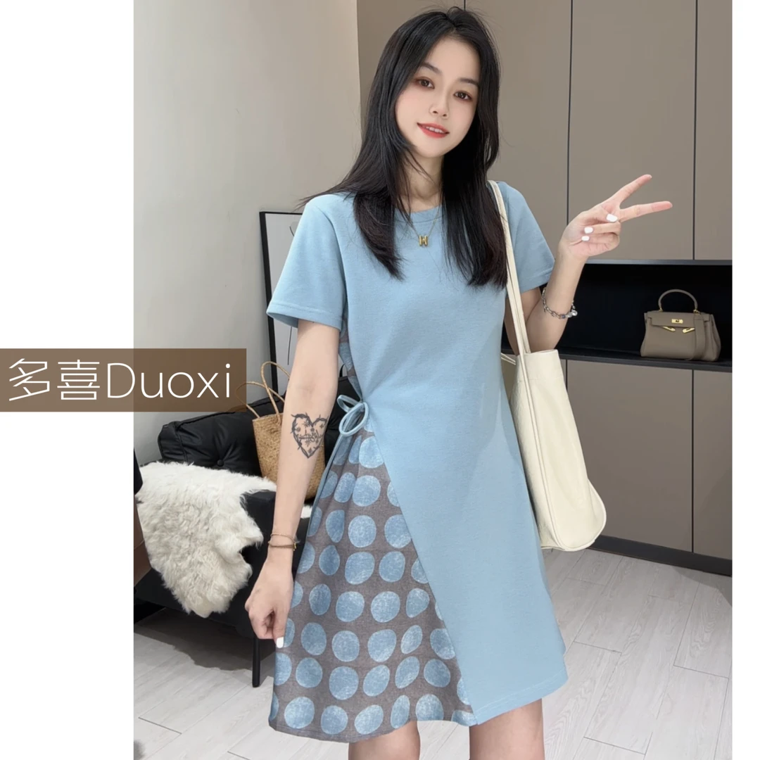【Duoxi】"法式蓝调"G019# 拼接绑带连衣裙 显瘦遮肉气质休闲设计感