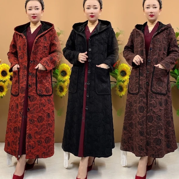 秋冬新款高档中年妈妈时尚提花连帽加绒保暖加长大码风衣8802