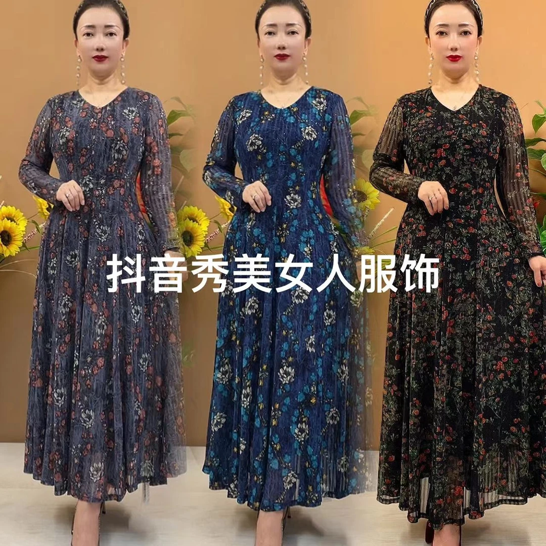 长袖早秋大码新款弹力十片大摆妈妈装收腰显瘦长款连衣裙 8899