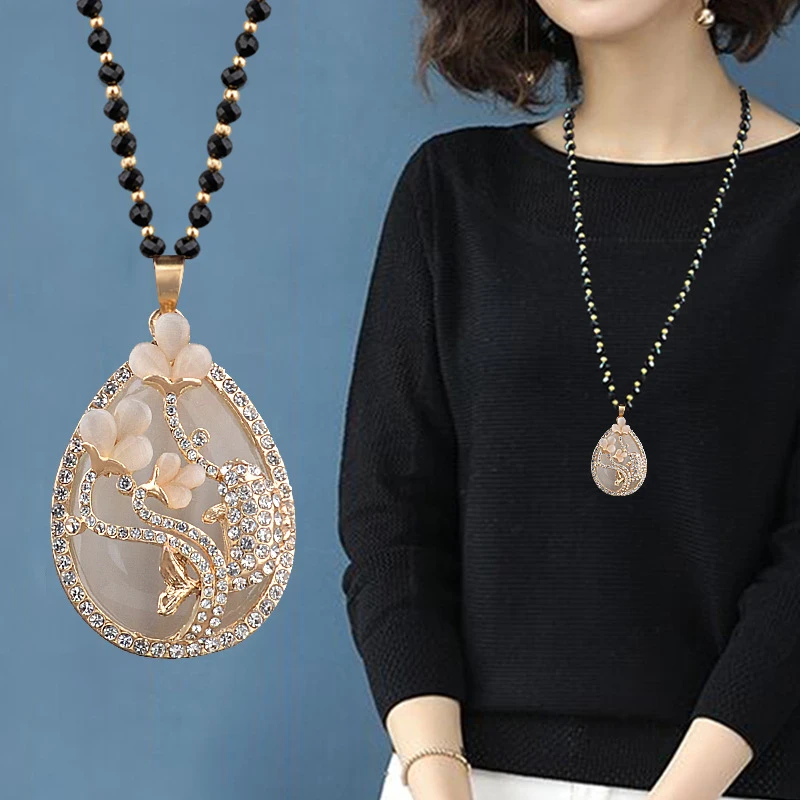 铜合金项链 毛衣链长项链时尚女鱼戏莲花吊坠挂件秋冬百搭衣配饰