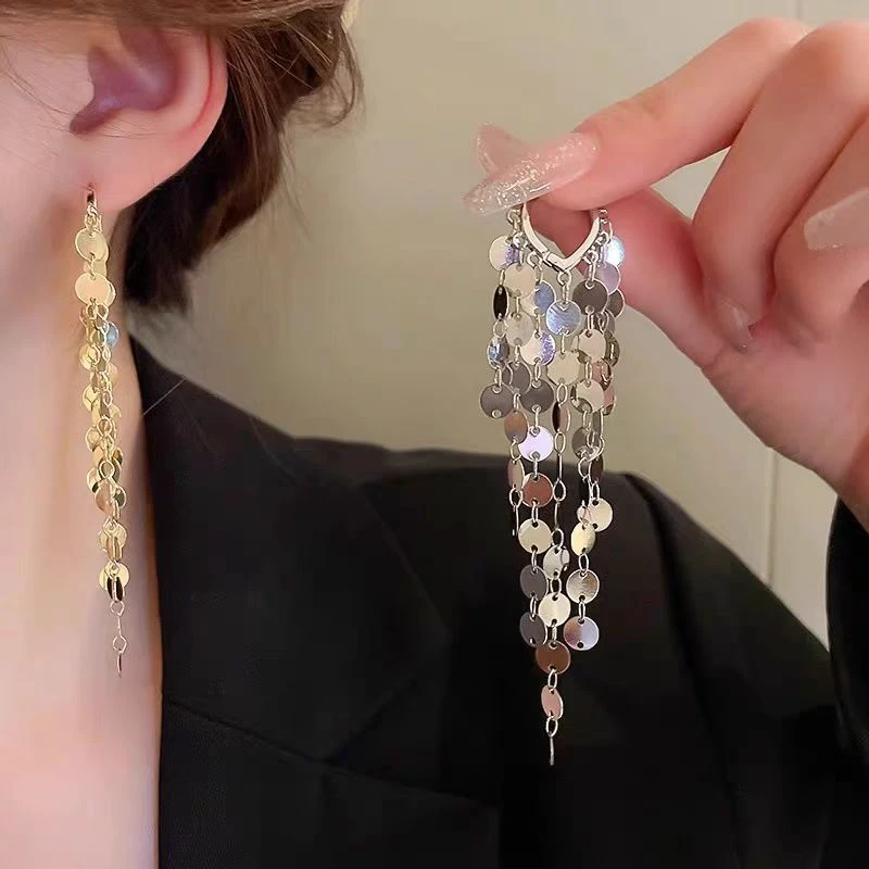 铜合金耳饰 长款显脸瘦亮片流苏耳环轻奢小众高级感夸张耳扣耳饰