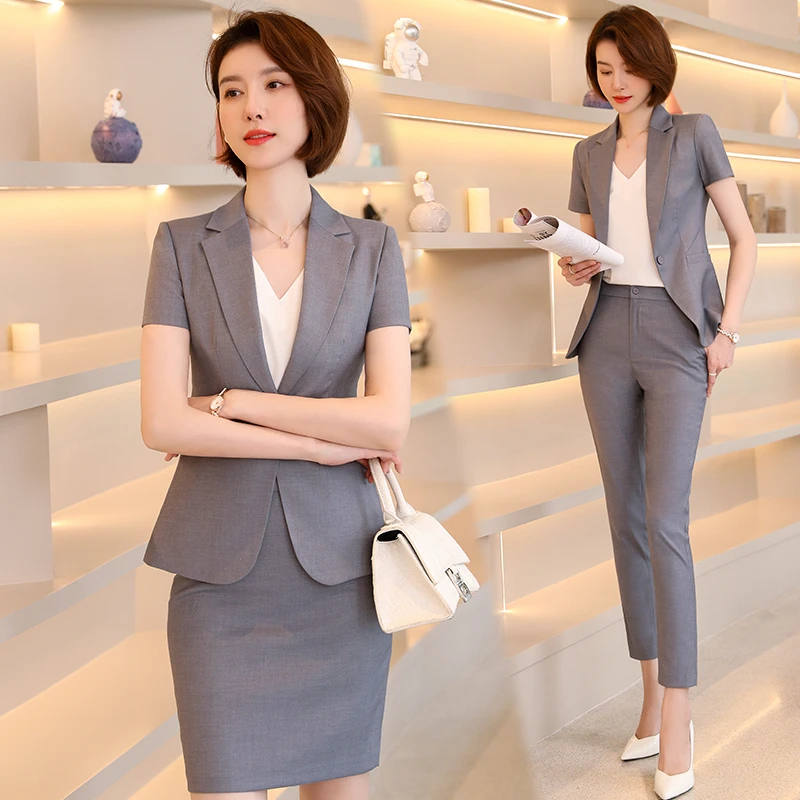 灰色西装外套女夏薄款短袖工装修身面试正装时尚气质职业套装6108
