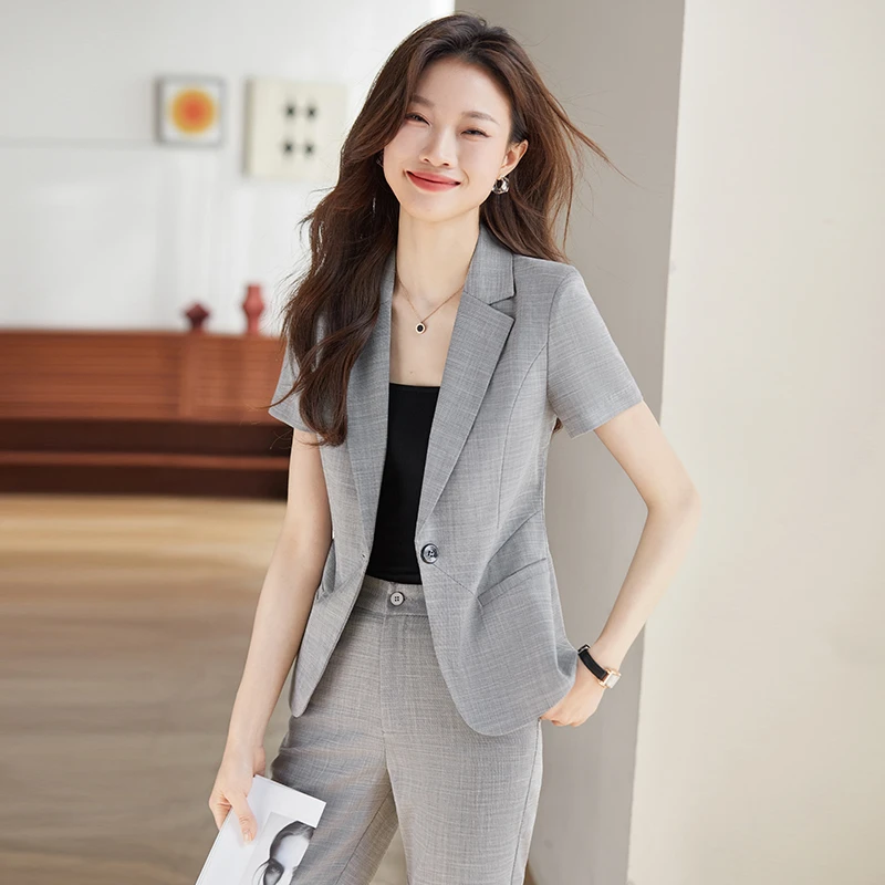 灰色西装套装女气质夏季新款女神范短袖西服修身显瘦正装工作服