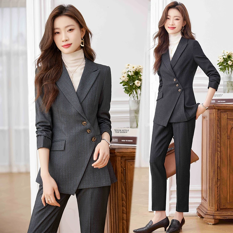 条纹西装套装女士春秋时尚气质高端女神范修身工作西服职业装6383