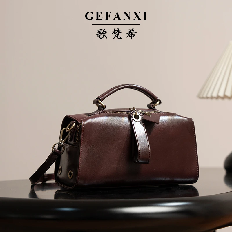 Gefanxi/歌梵希复古斜挎包女百搭真植鞣皮头层牛皮单肩包