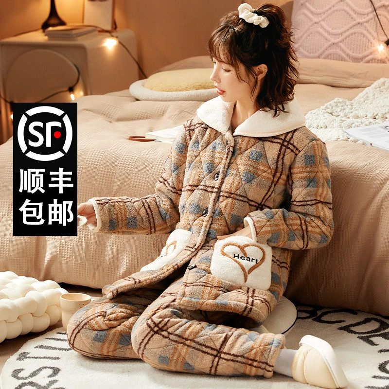 珊瑚绒三层夹棉袄睡衣女冬季加厚加绒法兰绒保暖长袖中长款家居服