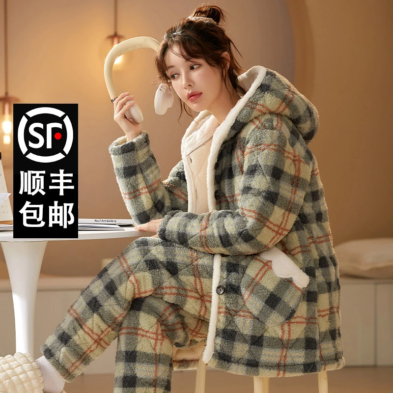 夹棉袄洋气女冬珊瑚绒三层夹棉加厚加绒法兰绒居家连帽保暖家居服