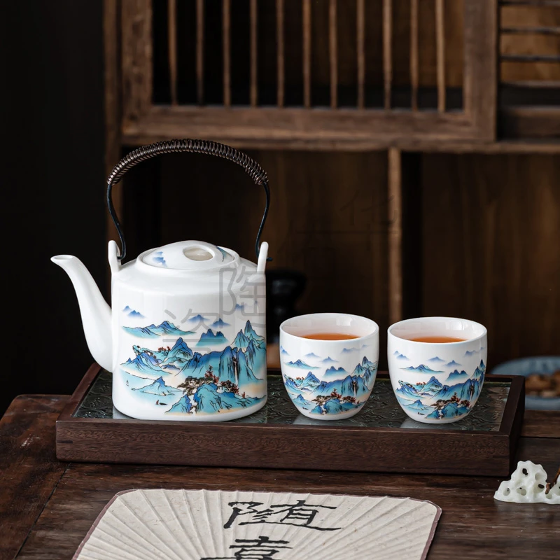 大容量提梁茶壶家用泡茶壶陶瓷山水大号容量中式功夫茶具凉水壶