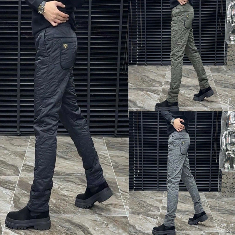 男士冬季新款保暖外穿棉裤休闲百搭防寒长裤潮流简约菱形格小脚裤