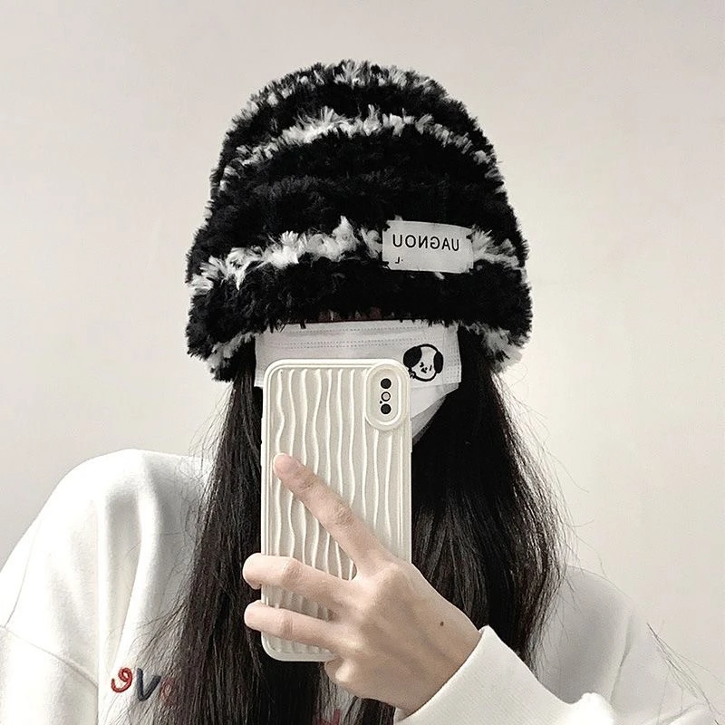 新款针织条纹毛线帽子女冬季显脸小毛绒保暖加厚大头围护耳堆堆帽