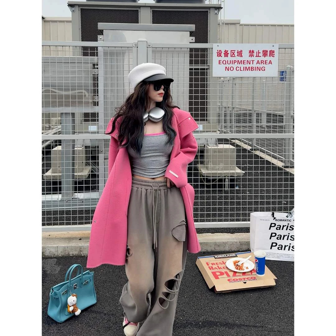 【单大衣乌梅子酱】反季特惠双面羊毛大衣中长款连帽毛呢大衣外套女