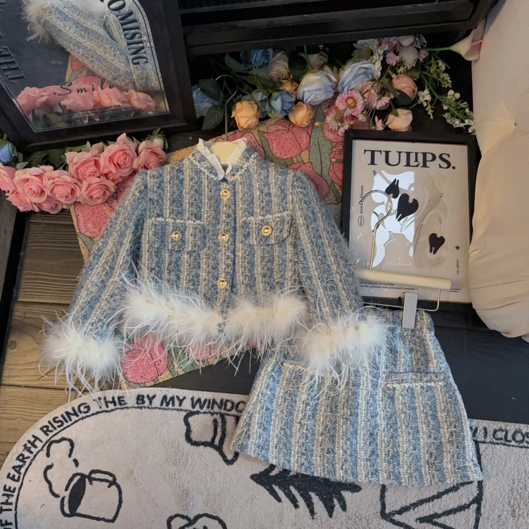 【现货】女童可拆卸鸵鸟毛时髦小香风套装裙高级重工亮片外套半身裙