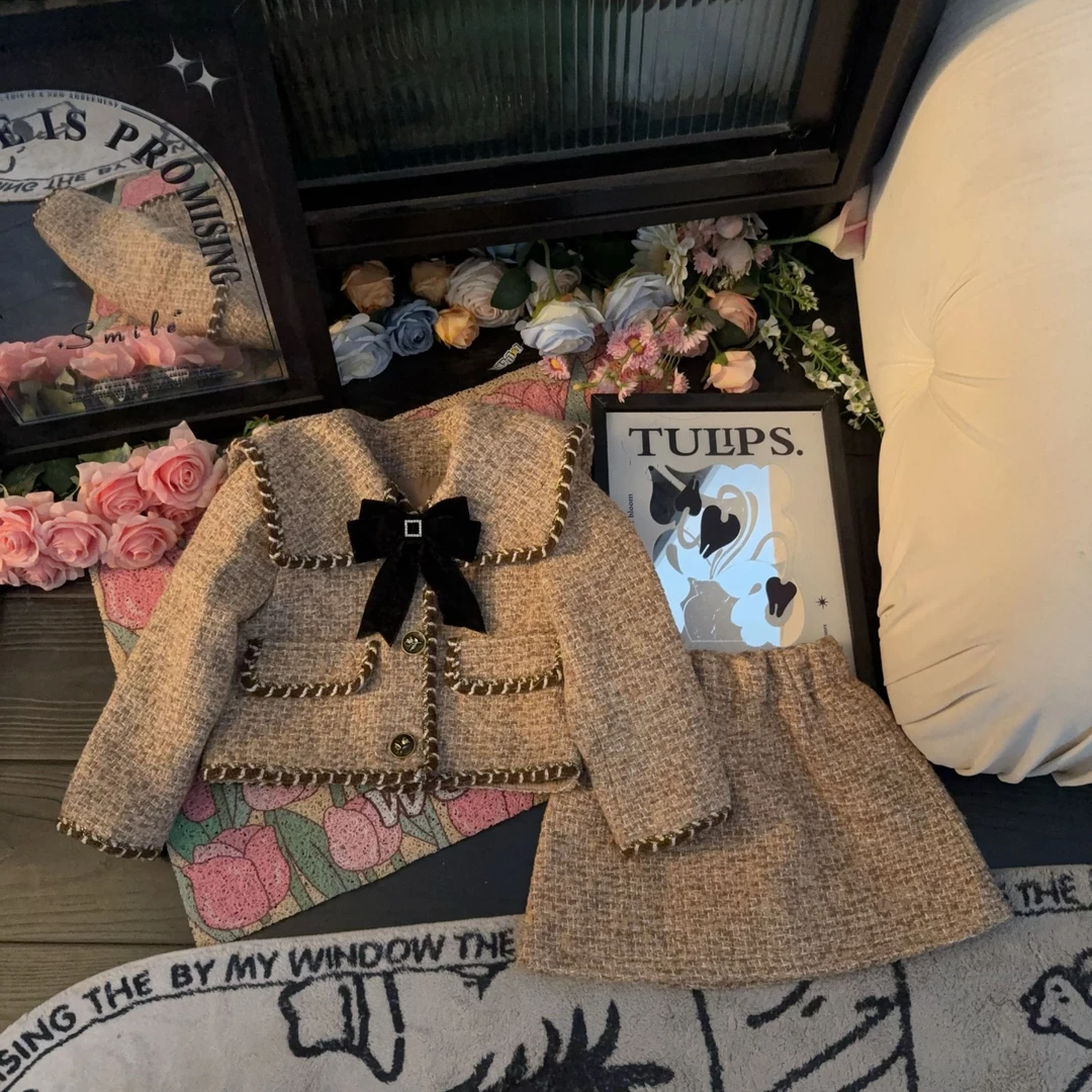 【现货】女童小香风富家千金套装2024秋冬新款外套+半裙两件套