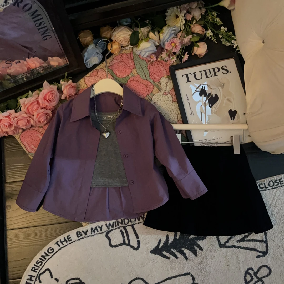 【现货】女童2024韩版长袖衬衫外套+吊带背心+百褶半身裙三件套