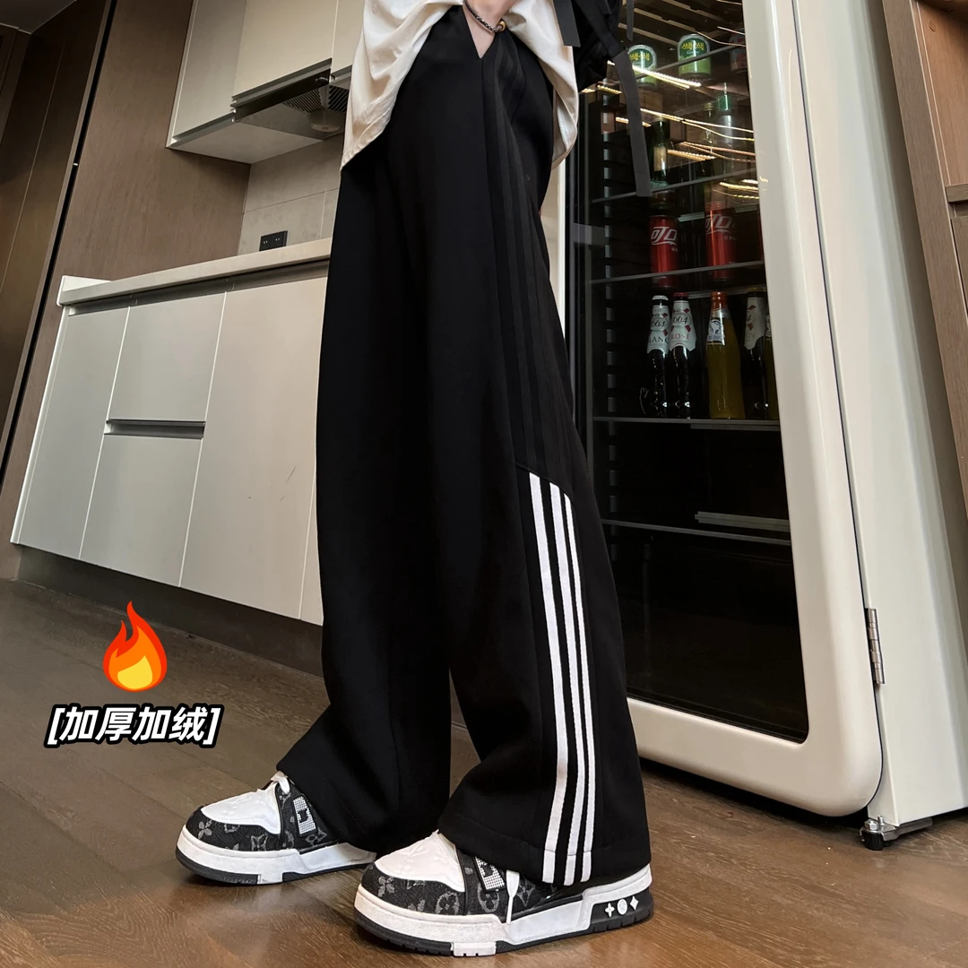 (NICE)美式复古加绒阔腿三条杠百搭休闲宽松直筒卫裤情侣显瘦休闲