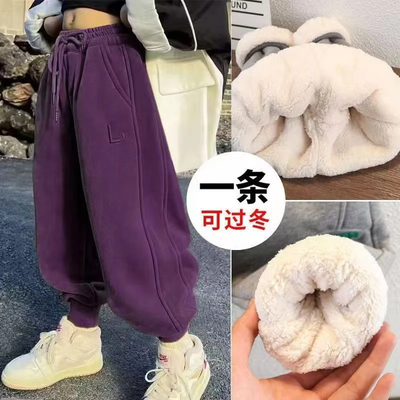 女童加绒裤子儿童加厚女宝秋冬款休闲裤保暖棉裤宽松洋气潮范卫裤