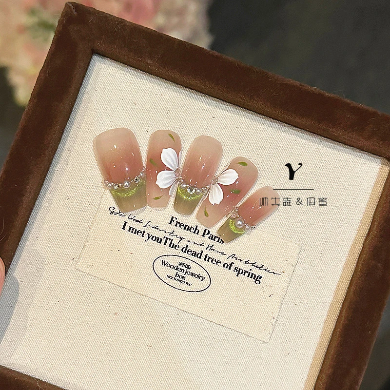 【掉钻包补】【绿精灵冰花】猫眼法式穿戴甲纯手工手绘花朵美甲