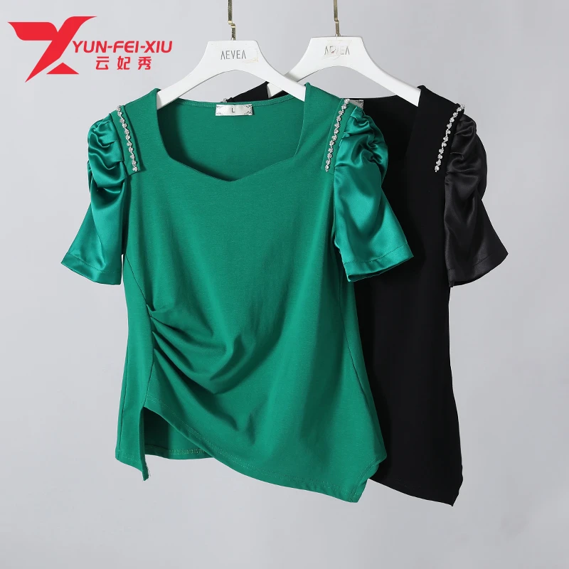 云妃秀大码女装上衣时尚休闲不规则褶皱泡泡袖宽松显瘦T恤夏68066