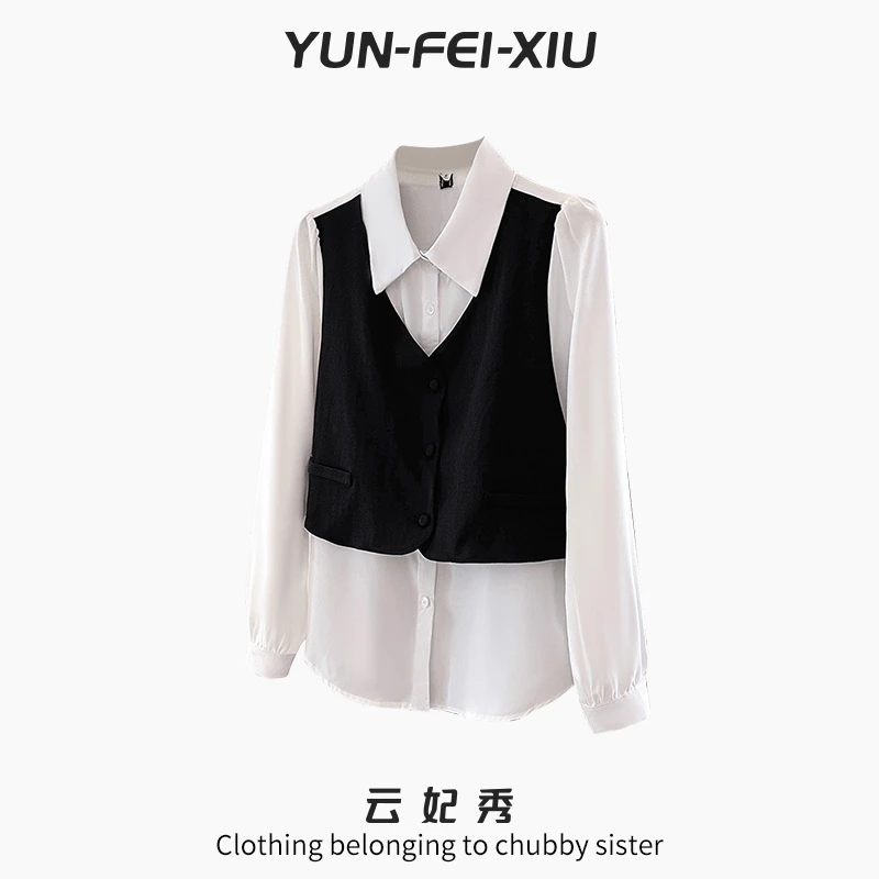 云妃秀大码女装衬衫时尚休闲假两件衬衫宽松显瘦百搭气质夏63547