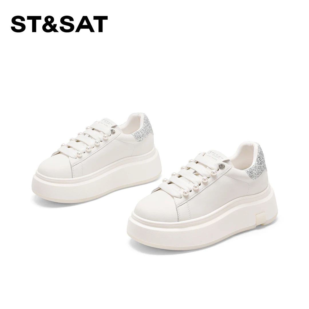 St&Sat/星期六百搭经典厚底休闲鞋2025新款时尚圆头系带小白鞋女