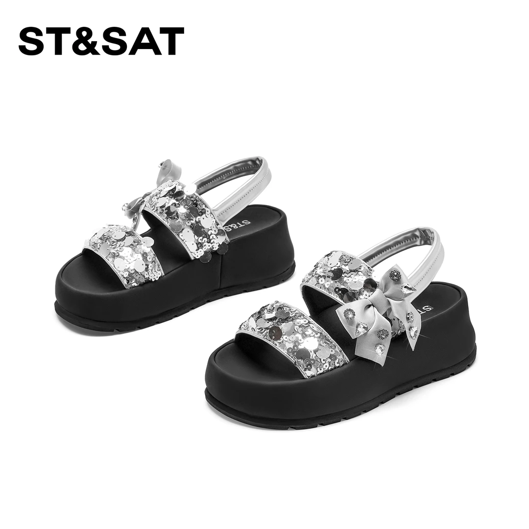 St&Sat/星期六增高透气亮片凉鞋2025新款厚底时尚女百搭凉拖外穿