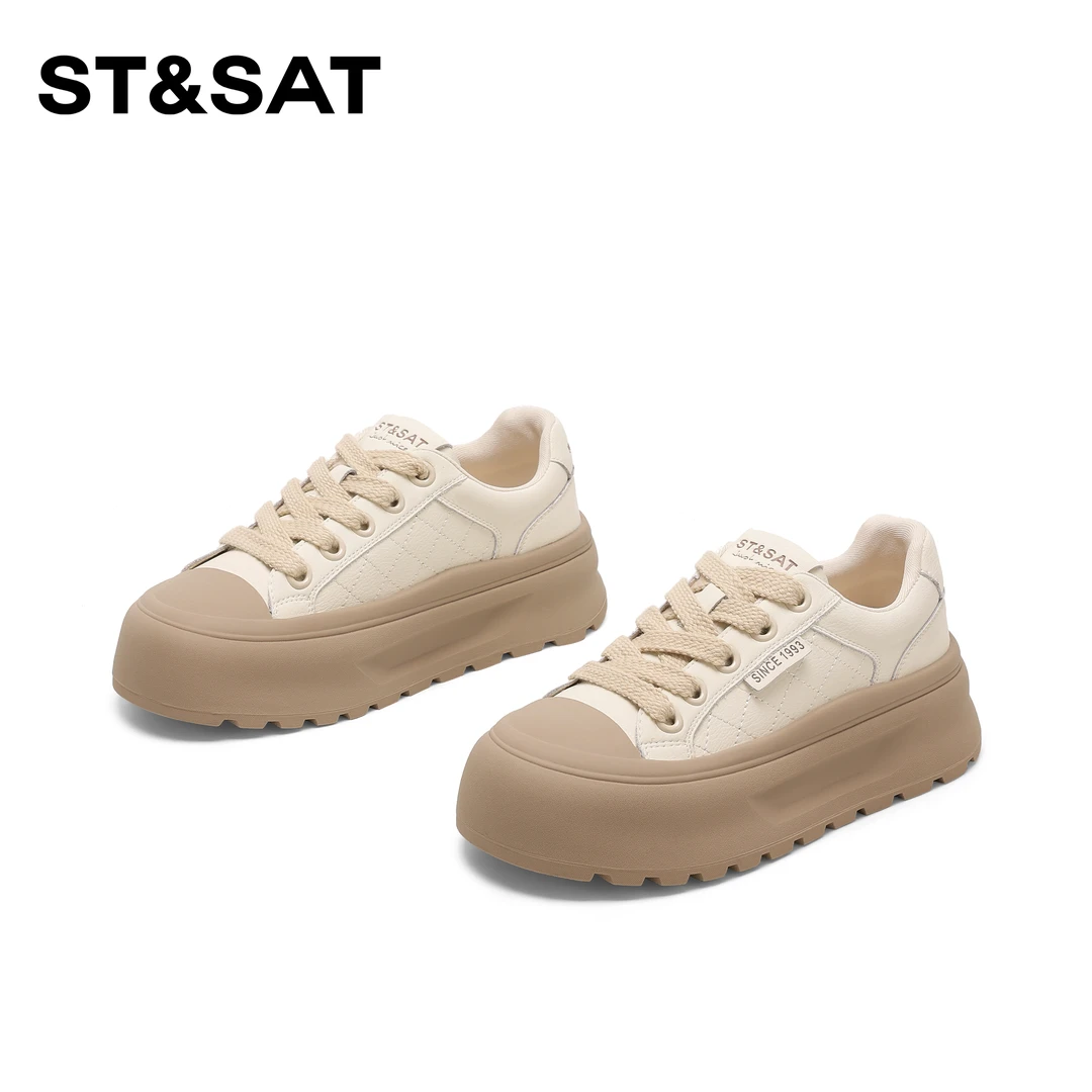 St&Sat/星期六时尚百搭厚底休闲鞋2025新款圆头系带低帮鞋女增高